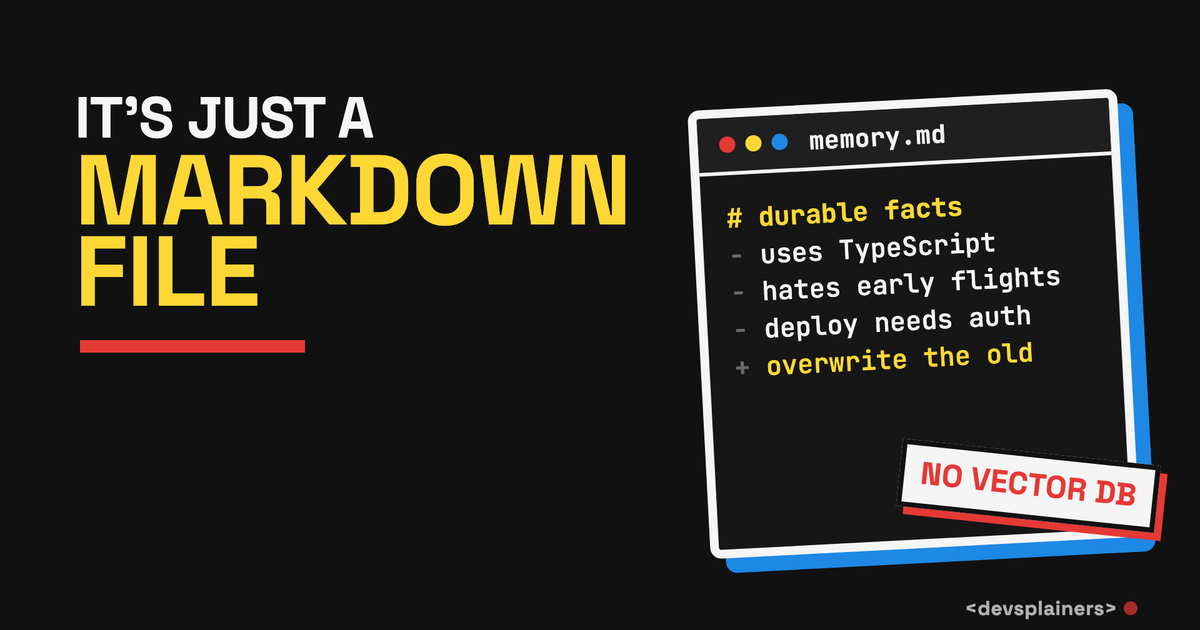 Bauhaus illustration: the headline IT'S JUST A MARKDOWN FILE beside a memory.md code window listing durable facts, stamped NO VECTOR DB.