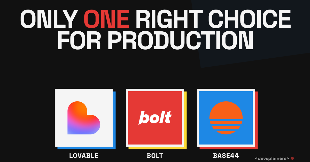 Bauhaus illustration of three AI app builder logos, Lovable, Bolt, and Base44, under the line "Only one right choice for production."
