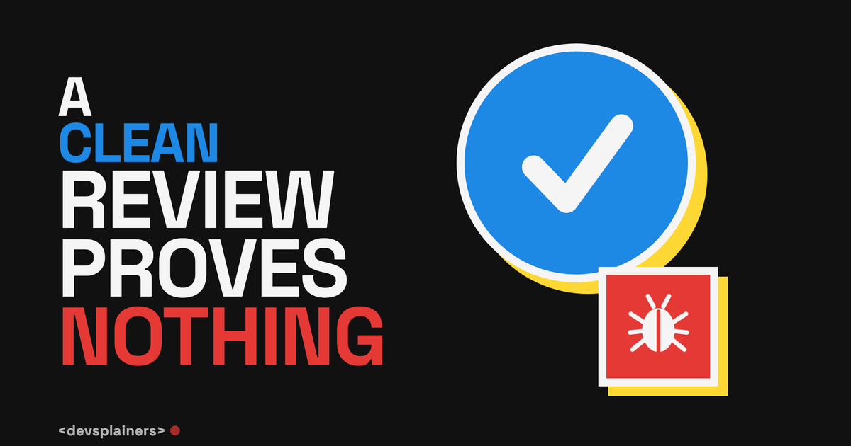 Bauhaus illustration: the headline A CLEAN REVIEW PROVES NOTHING beside a large blue checkmark and a red square stamped with a bug.