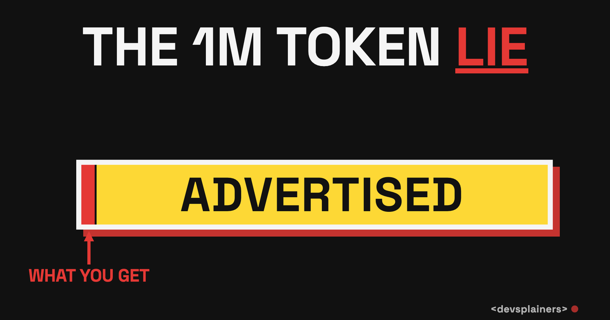 Bauhaus illustration: the headline THE 1M TOKEN LIE above a wide yellow ADVERTISED bar and a thin red sliver labelled WHAT YOU GET.