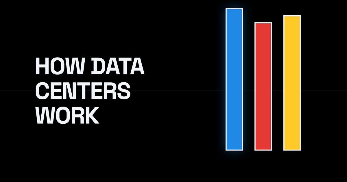 Bauhaus illustration: the words "How Data Centers Work" beside three tall server-rack bars in blue, red, and yellow.