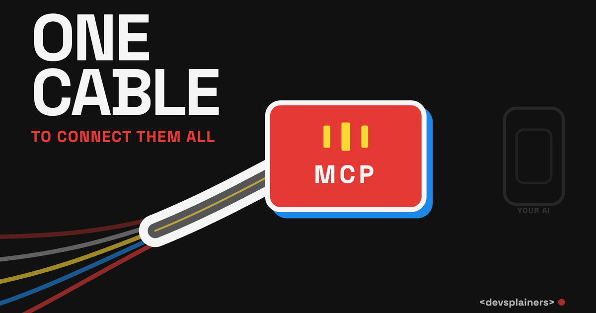 Bauhaus illustration: a single cable bundling four colored wires plugs into one red MCP node, captioned "one cable to connect them all".