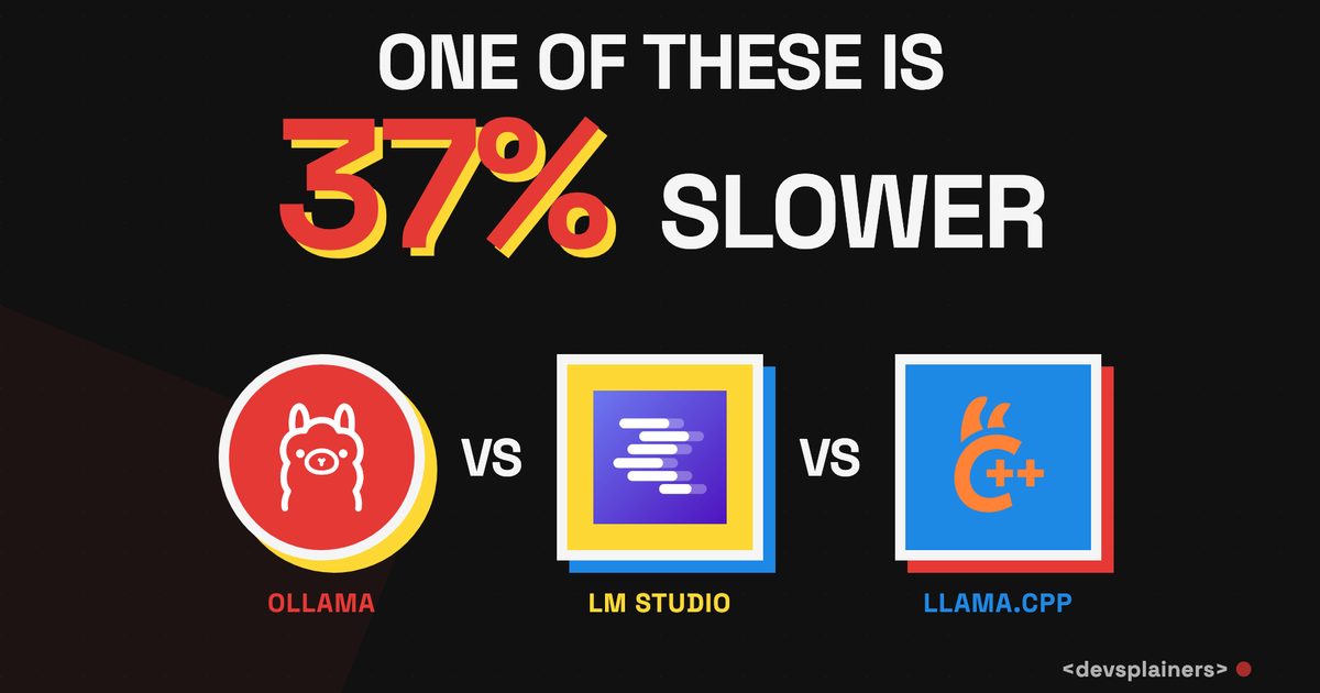 Bauhaus illustration in the channel's showdown style: the headline "One of these is 37% slower" above the Ollama, LM Studio, and llama.cpp logos in red, blue, and yellow on matte black.