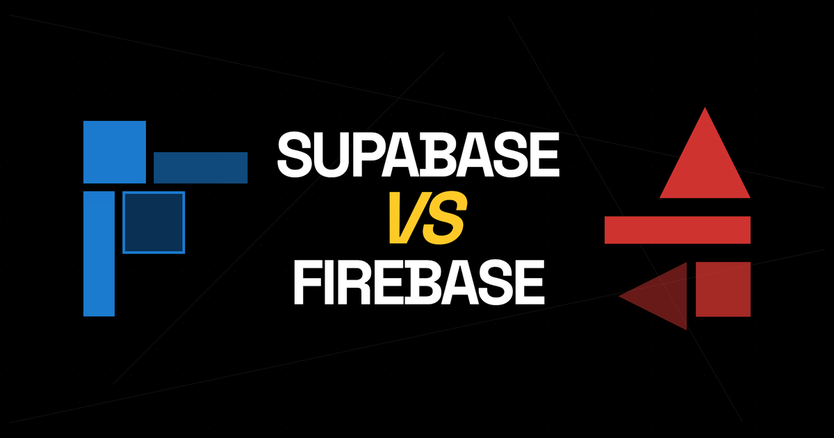 Bauhaus illustration: the words "Supabase vs Firebase" between a cluster of blue squares on the left and red geometric shapes on the right, the channel's showdown style.